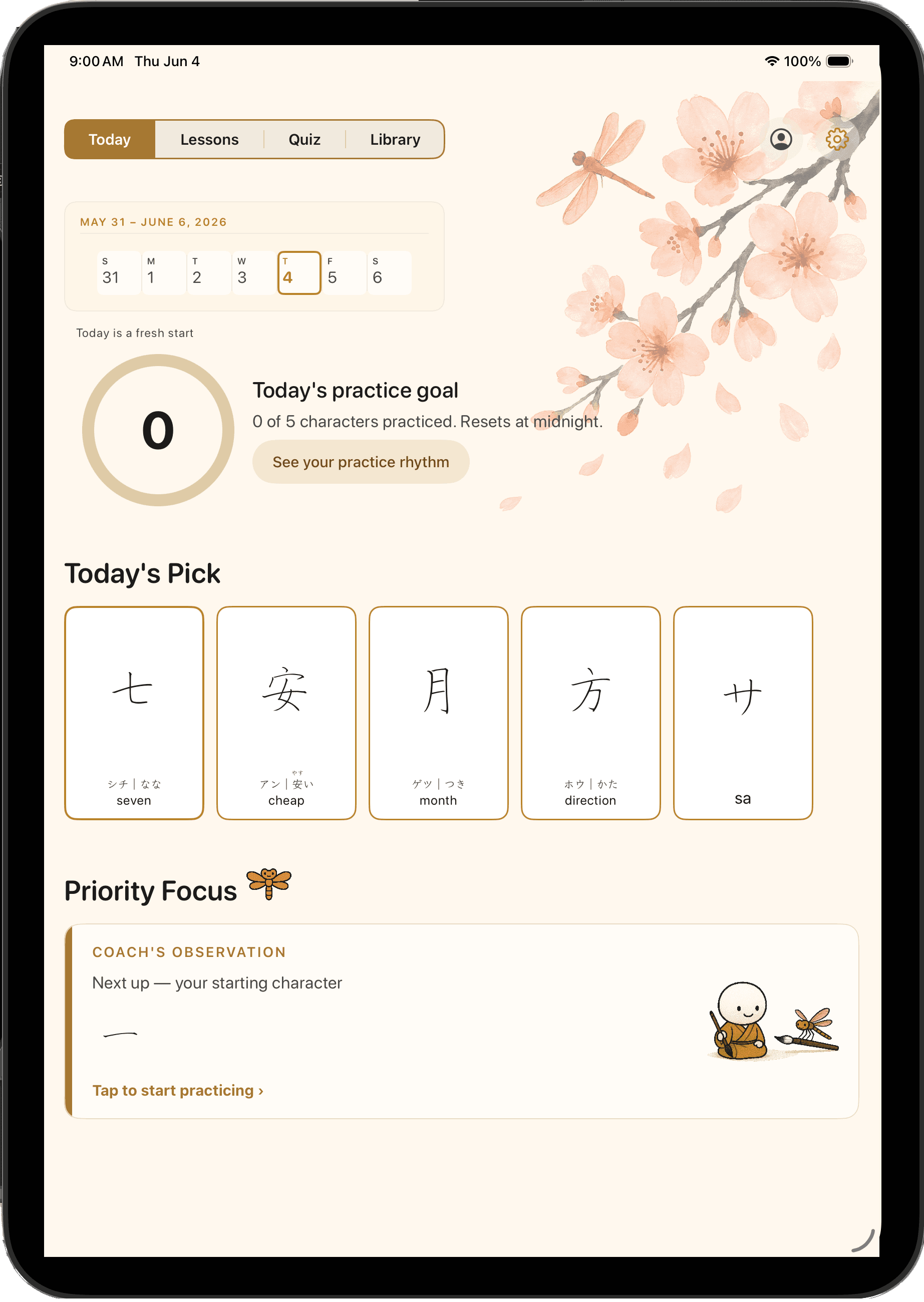 NihonGo Ink Today screen on iPad with daily practice goal, character flashcards, and sakura branding